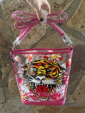 Ed Hardy Pink Clear Tiger Graphic Crossbody Bag